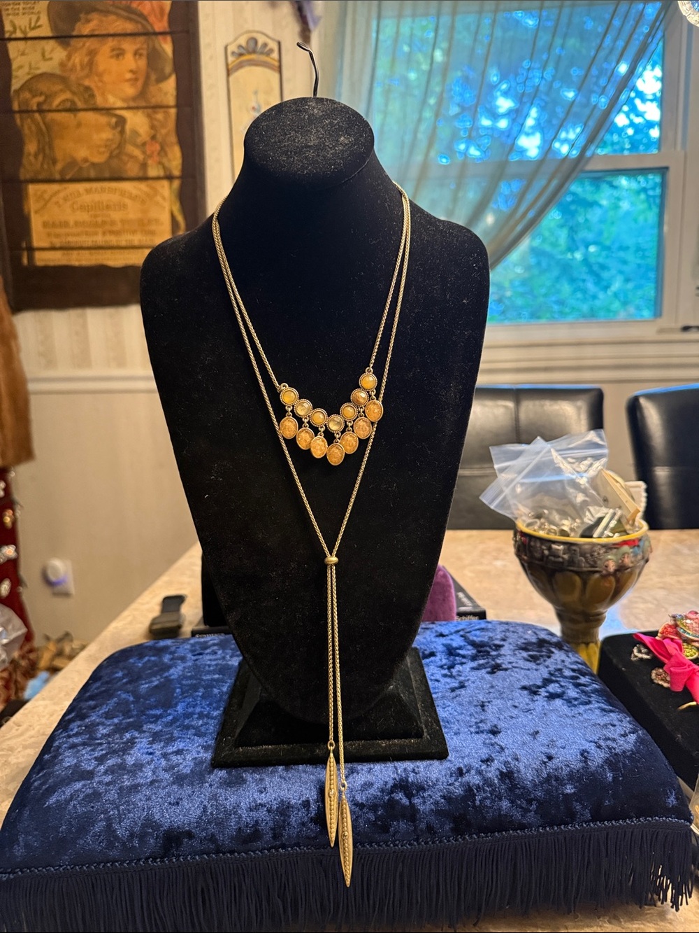 Vintage Lucky Brand darken, gold tone, two strand, Bolo statement necklace